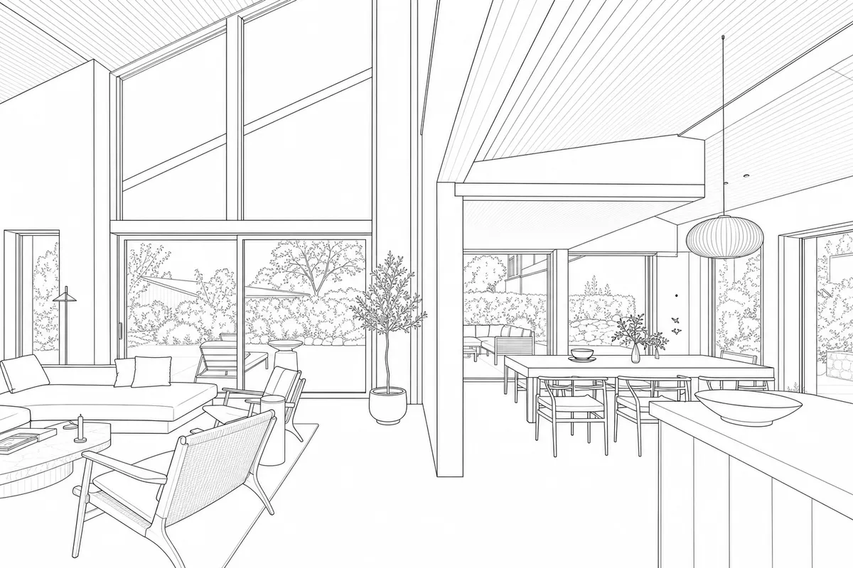 A black-and-white line-drawing sketch of an open-plan Scandinavian interior