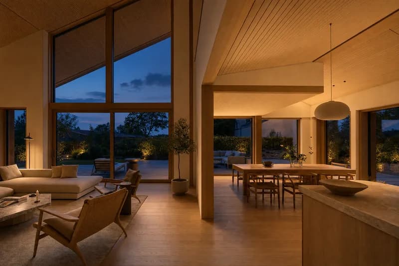 The same interior explored at dusk with warm interior light