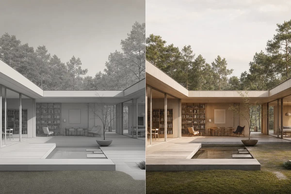 A model screenshot beside a soft render with the same camera and geometry