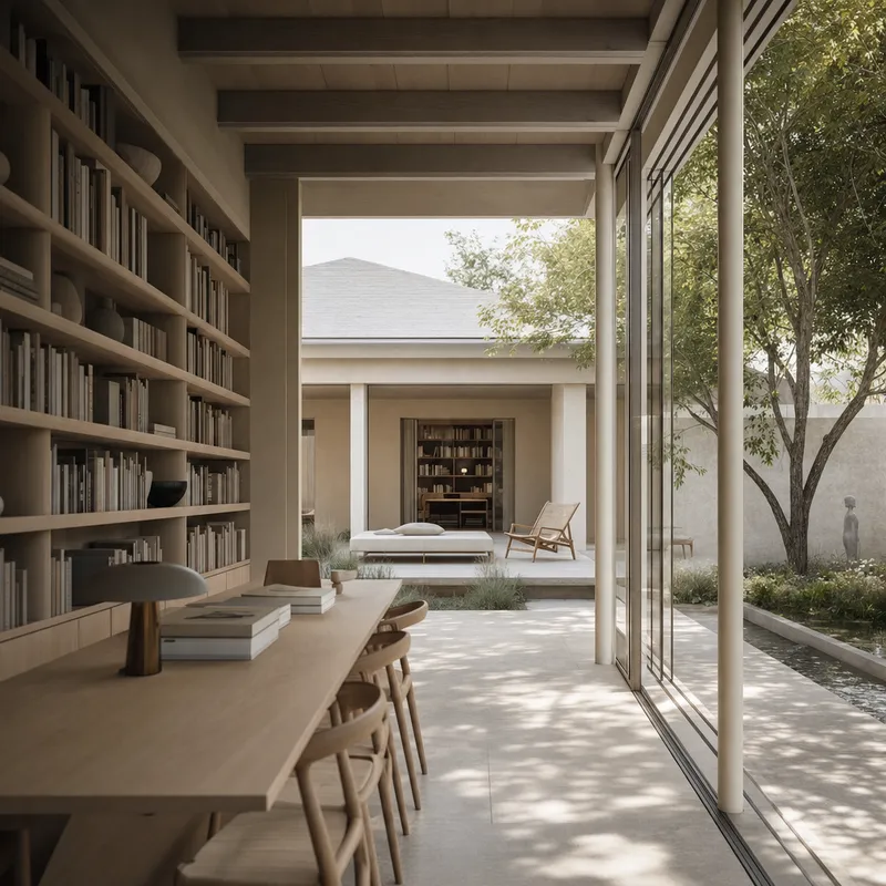 The library pavilion shown as a warm white clay render