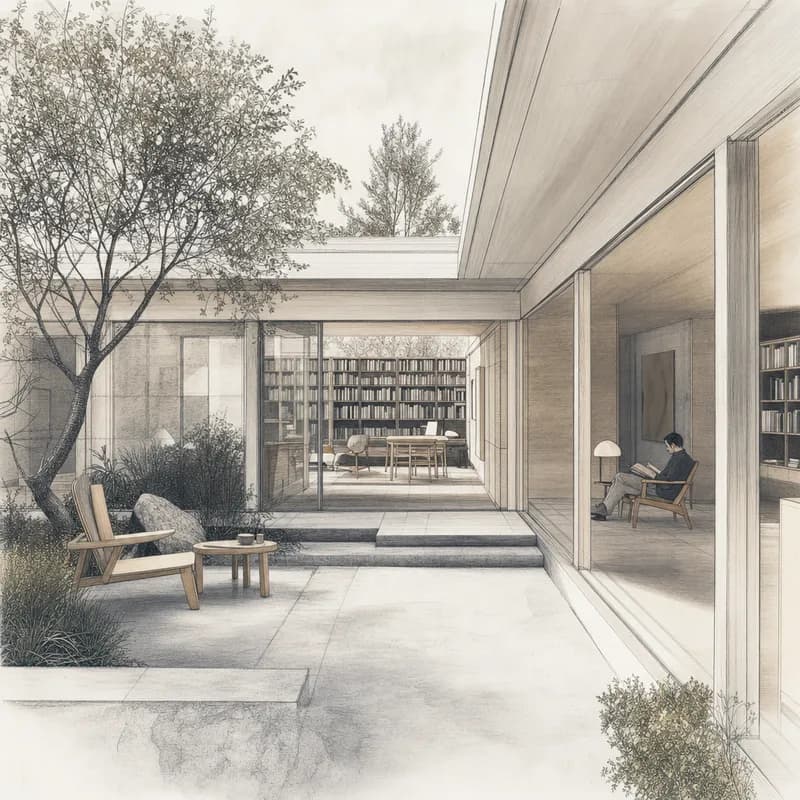 The library pavilion shown as a sketch-style render