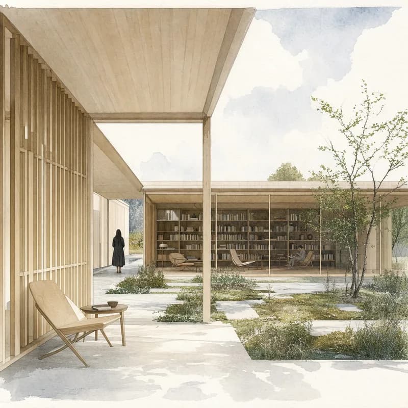 The library pavilion shown as a watercolor architectural rendering
