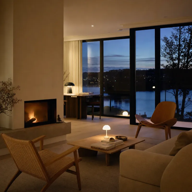 The same room matched to a warm dusk reference