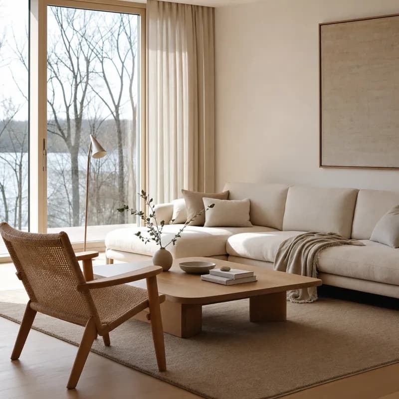 The same room matched to a warm oak-and-linen reference