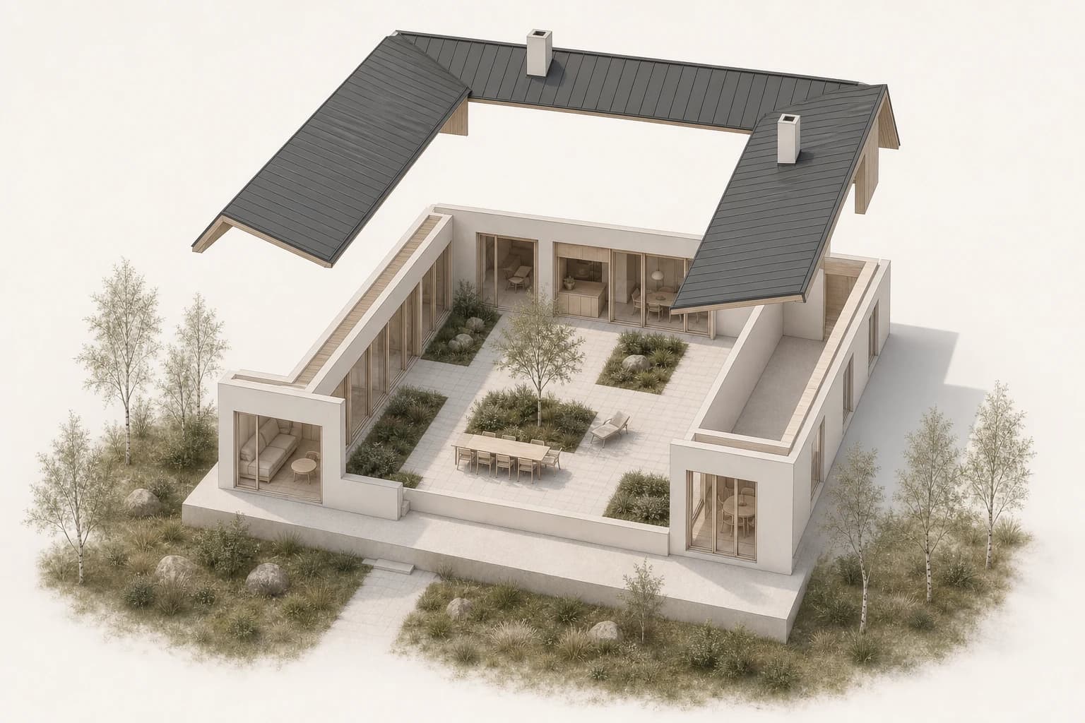 Exploded axonometric separating the house roof, envelope, and courtyard layers