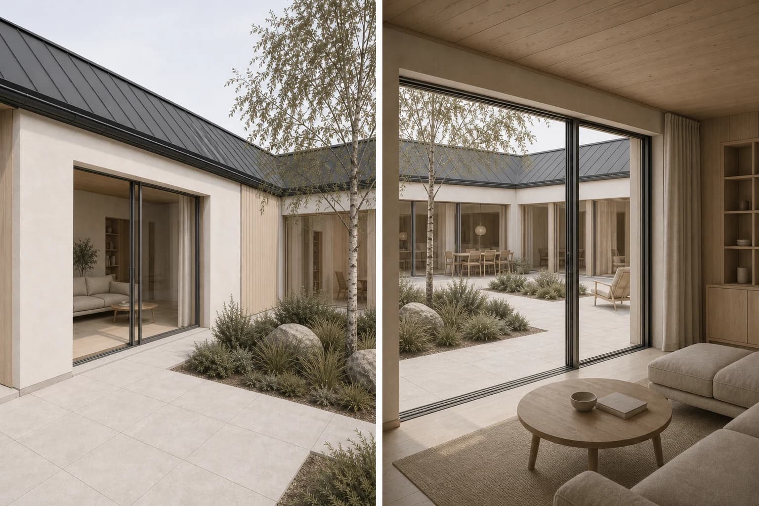 Reciprocal interior and exterior views through one courtyard threshold
