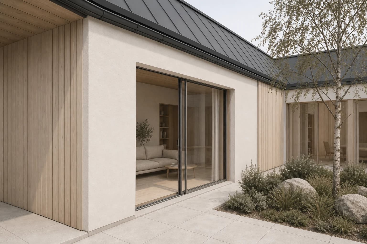 Material-junction render of timber, limewash, glazing, roof, paving, and planting