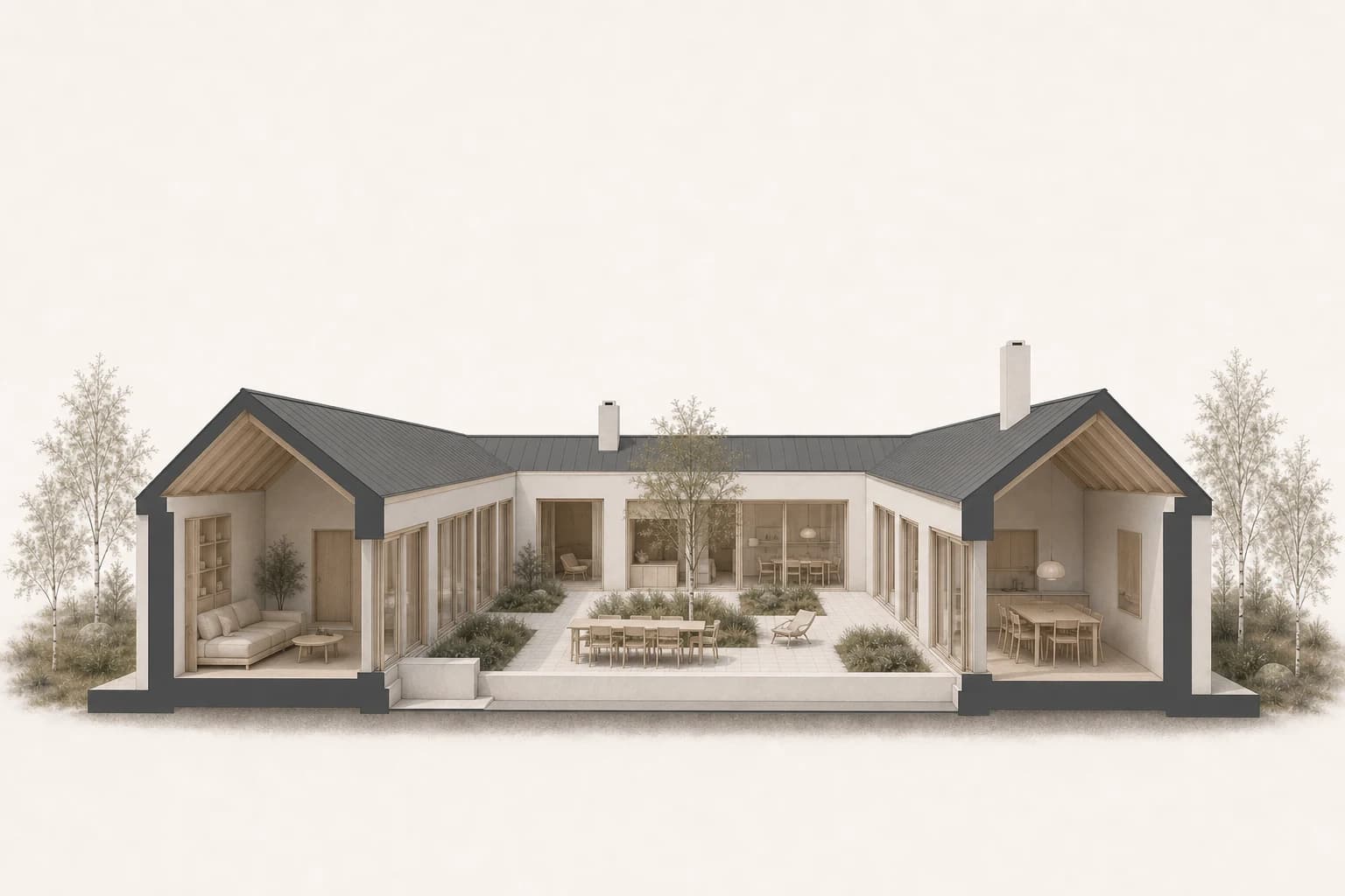 Illustrative section-perspective cutaway through the Nordic courtyard house