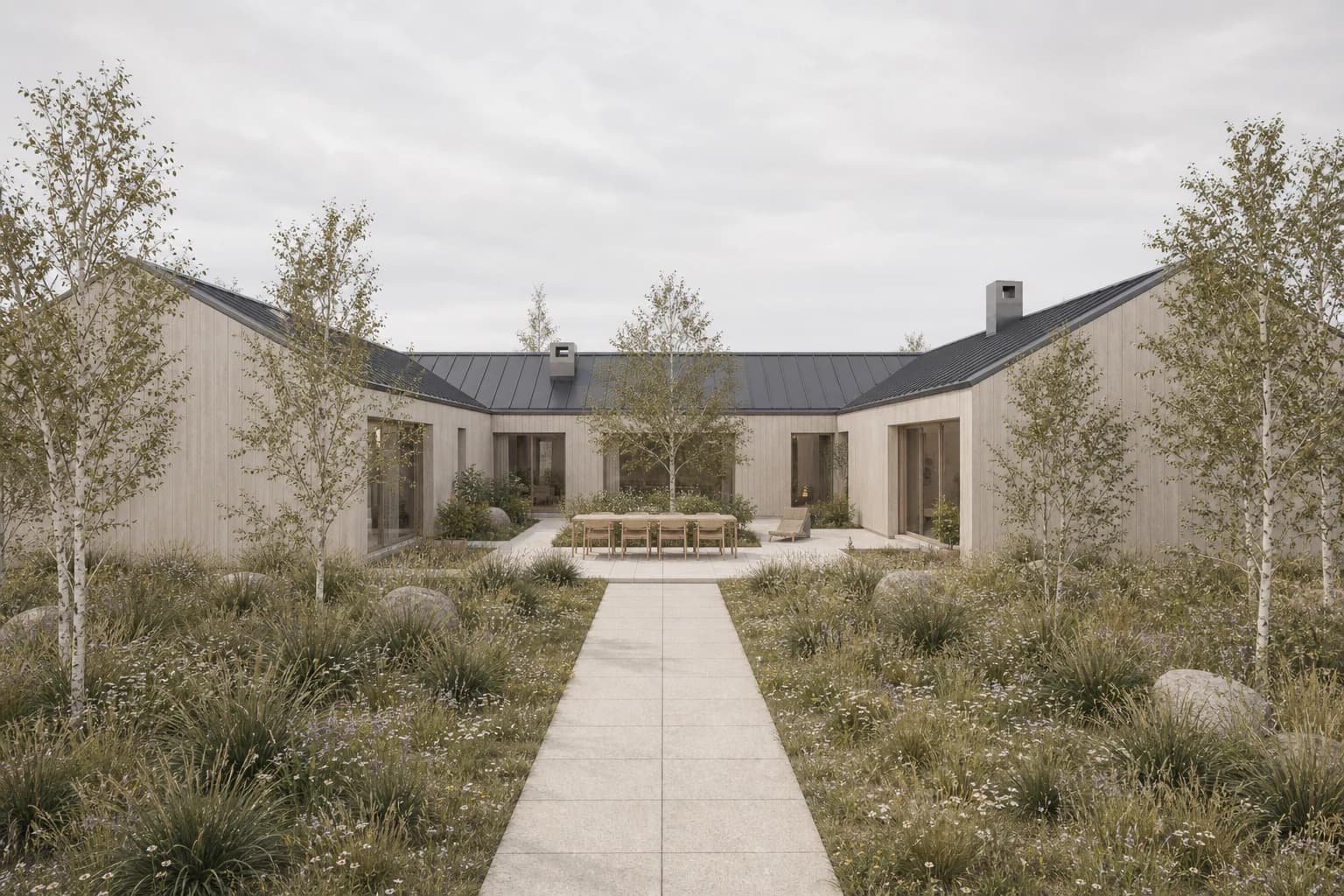 Arrival keyframe approaching the open side of the Nordic courtyard house