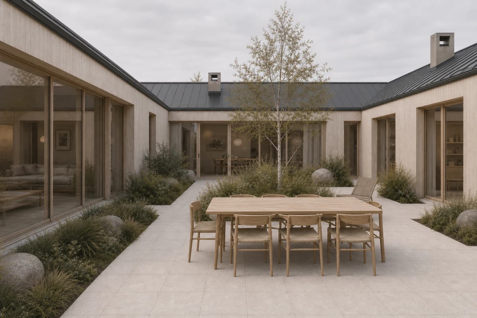 Final reveal across the planted courtyard toward the rear connector