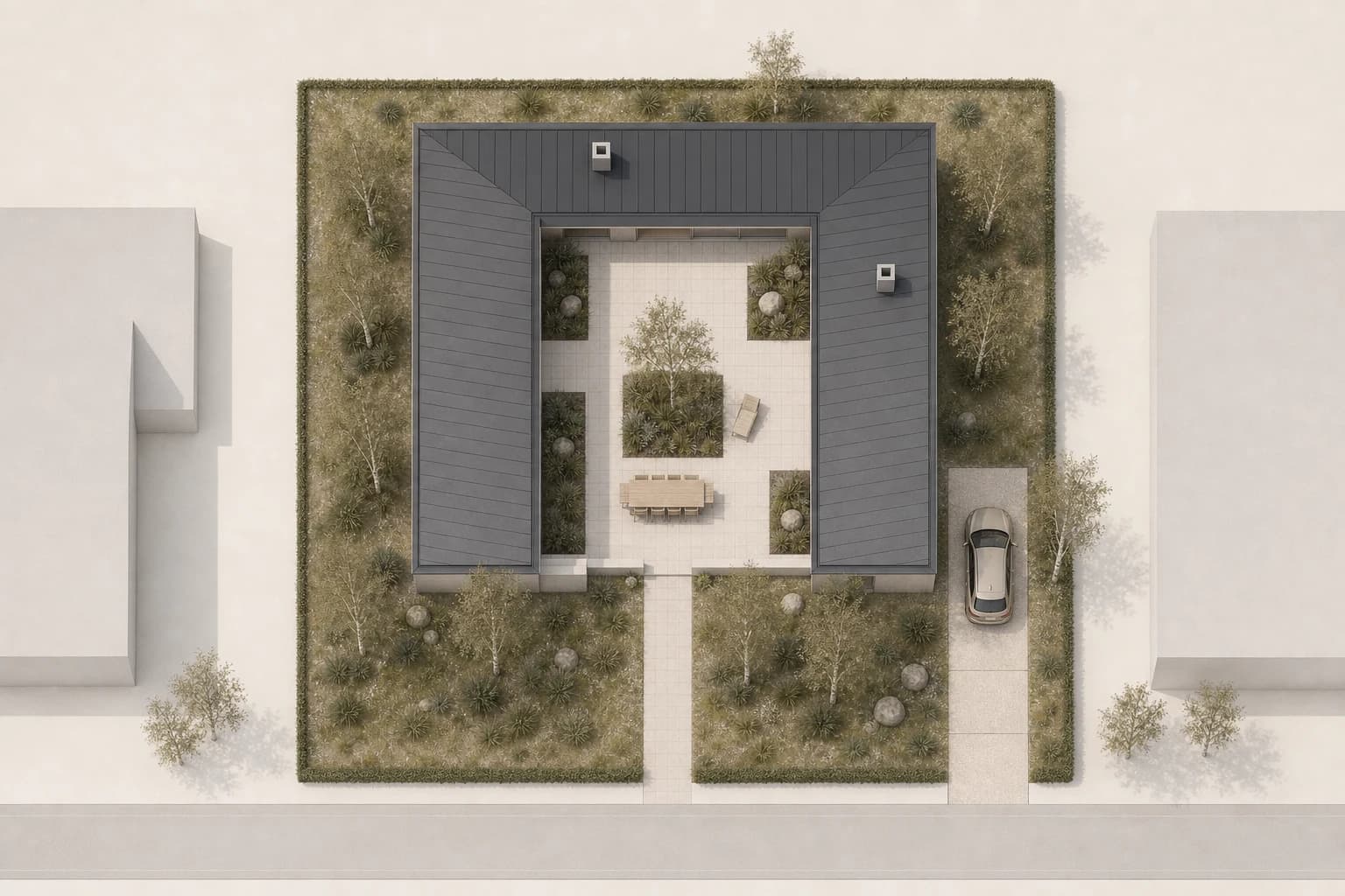 Illustrative top-down rendered site plan of the Nordic courtyard house