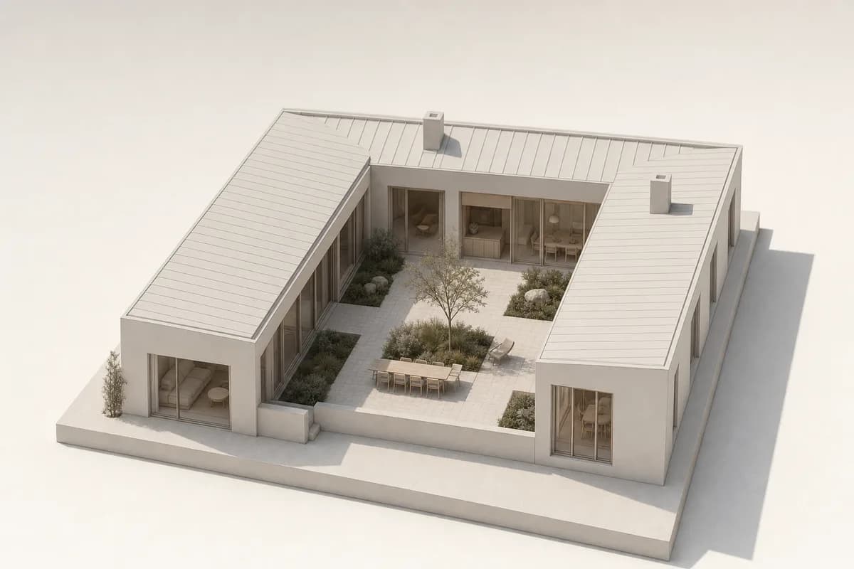 Neutral axonometric model of the Nordic courtyard house used across every example