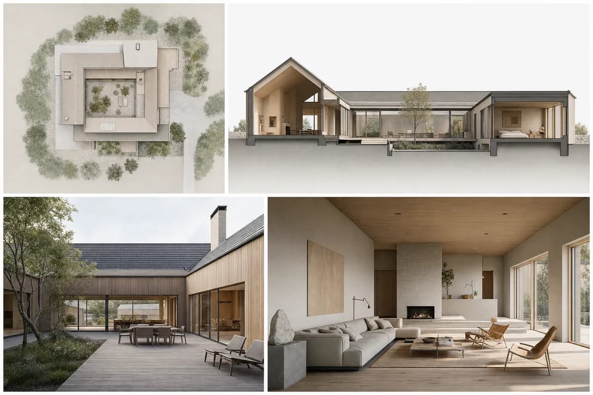One project board combining plan, section, exterior, and interior renders