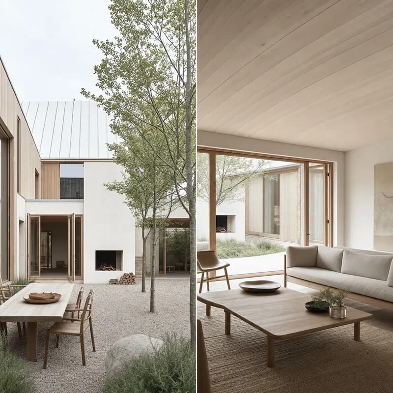 Matching interior and exterior renders of the same Nordic house