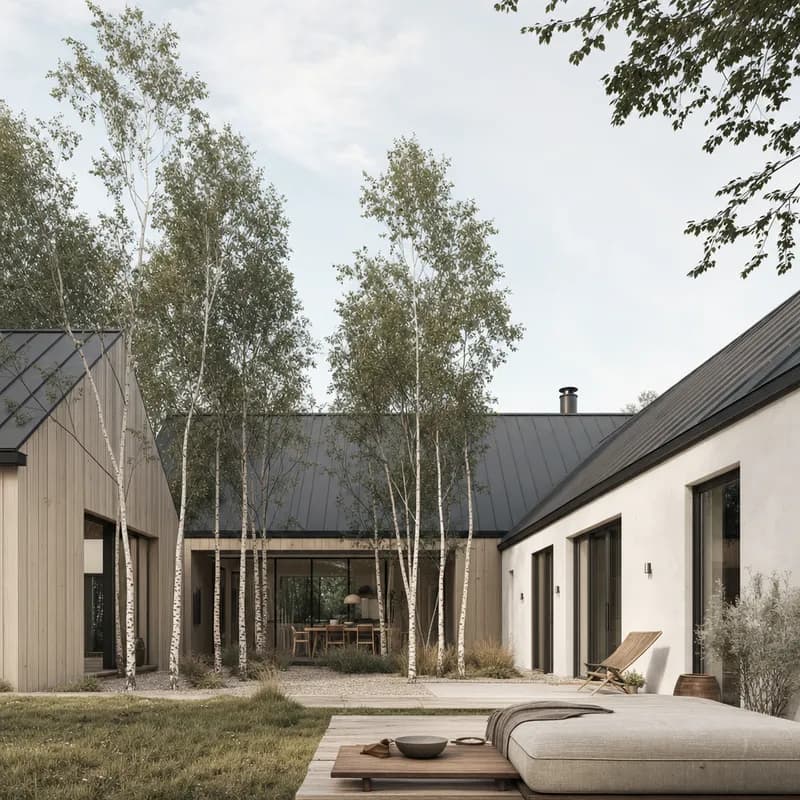 Photorealistic exterior render of a Nordic courtyard house