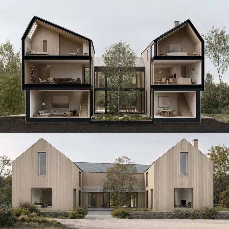 Rendered section and elevation of the Nordic courtyard house