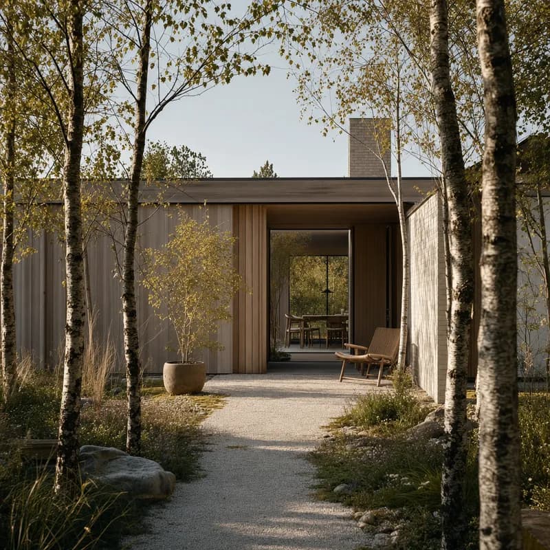 Arrival keyframe still approaching the Nordic courtyard house