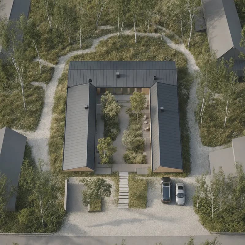 Rendered site plan of the Nordic courtyard house and its landscape