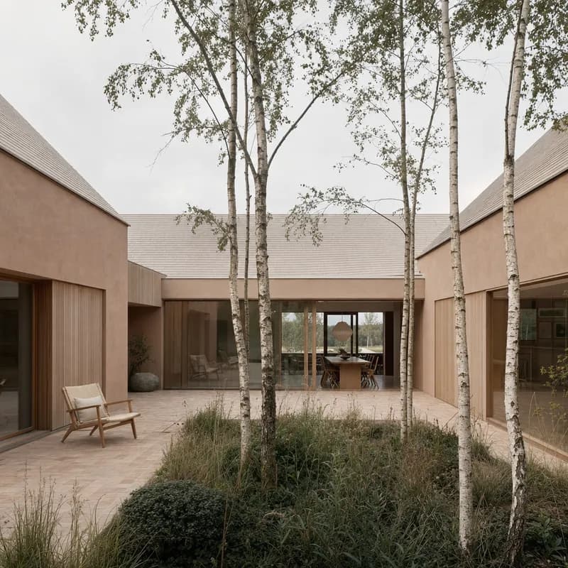 Soft conceptual render of the same Nordic courtyard house
