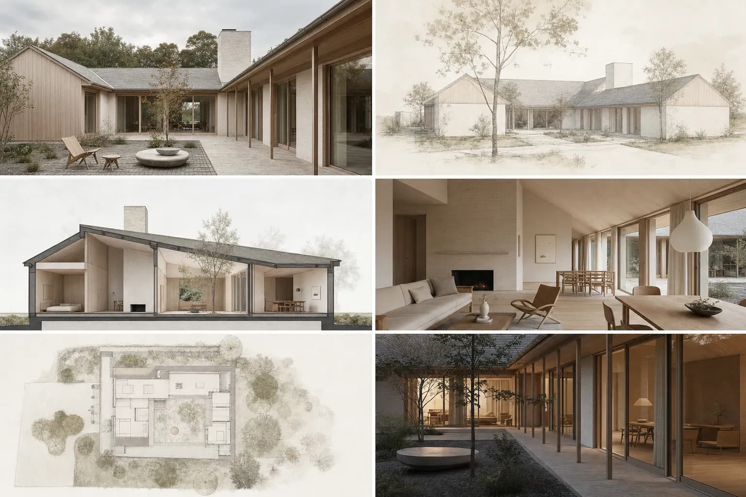 Six types of architectural rendering shown for one Nordic house project