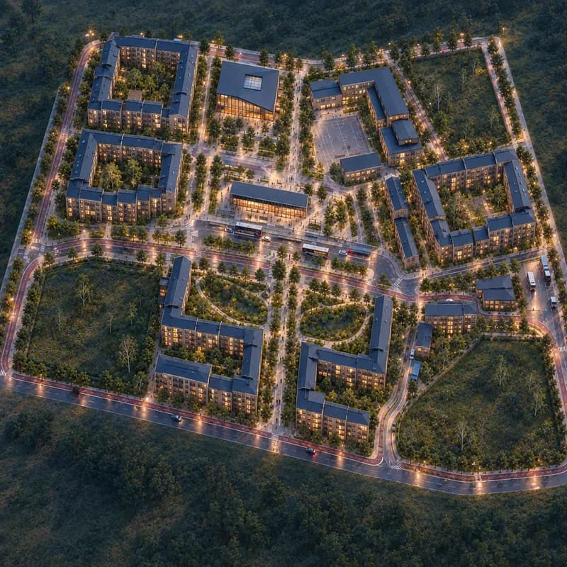 The same urban district at blue hour with practical route and station lighting