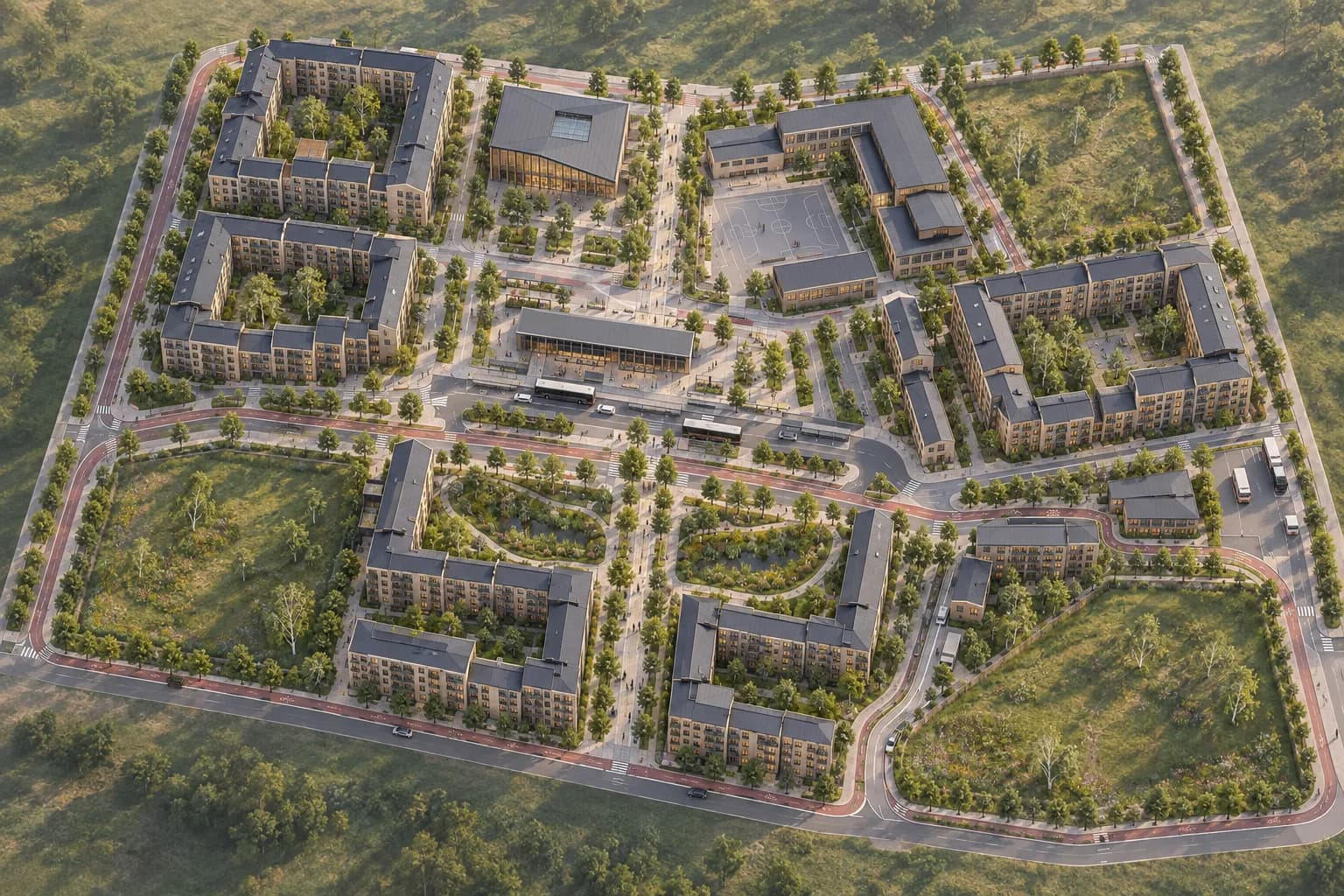 Aerial urban design study of a compact Nordic transit district
