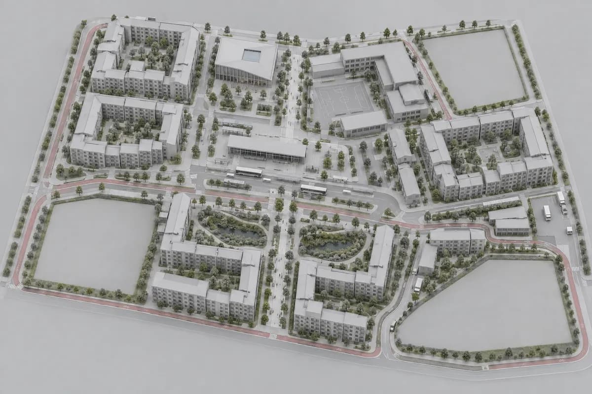 Synthetic clay masterplan view of a compact transit district before rendering