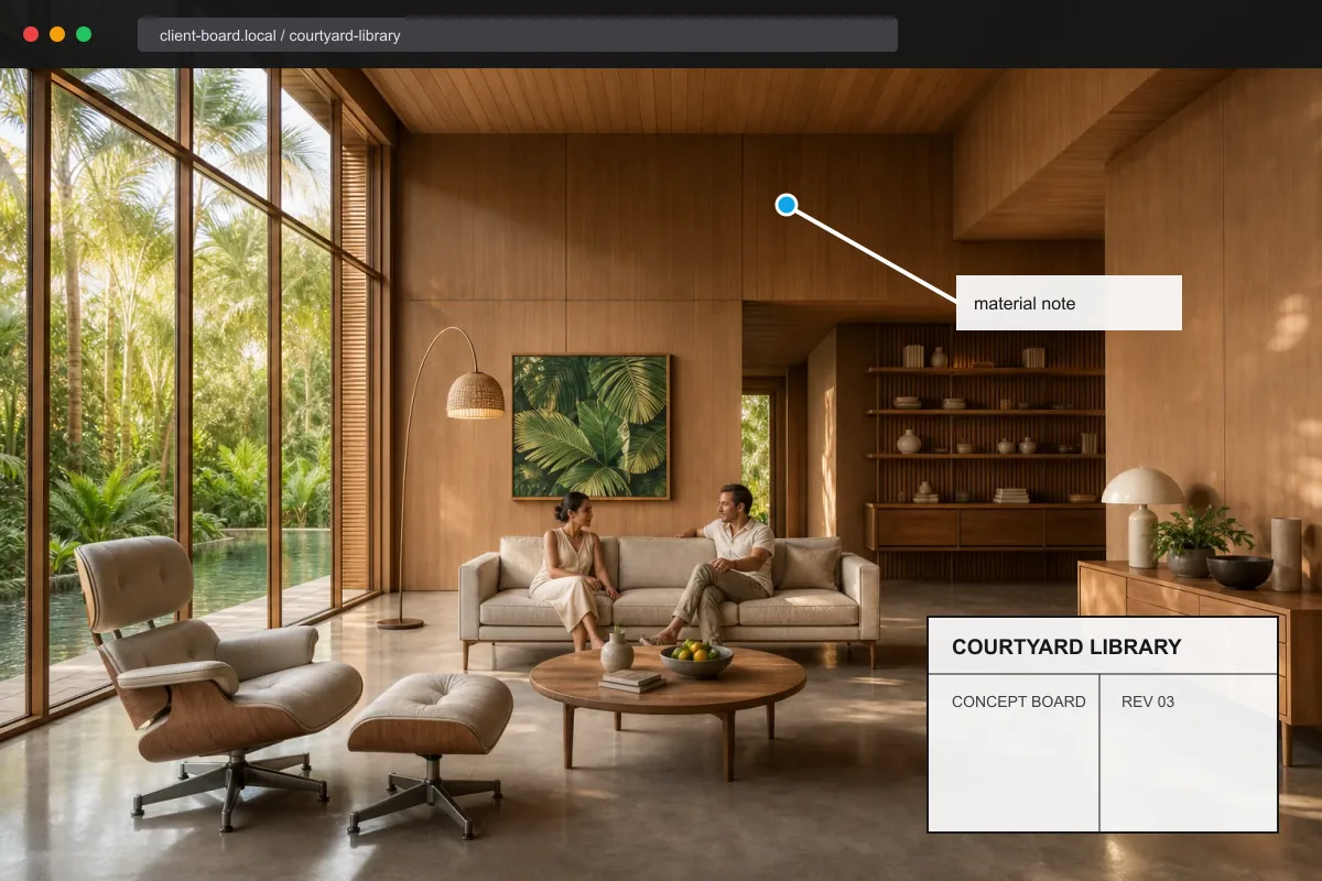 The same render obscured by simulated browser chrome, a title block, and annotations that should be cropped out