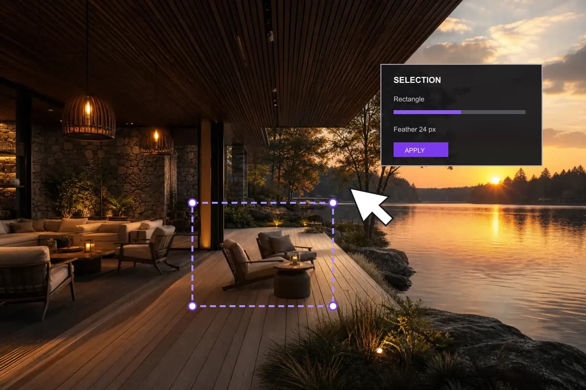 The same pavilion render with a simulated floating palette and selection handles covering pixels to edit