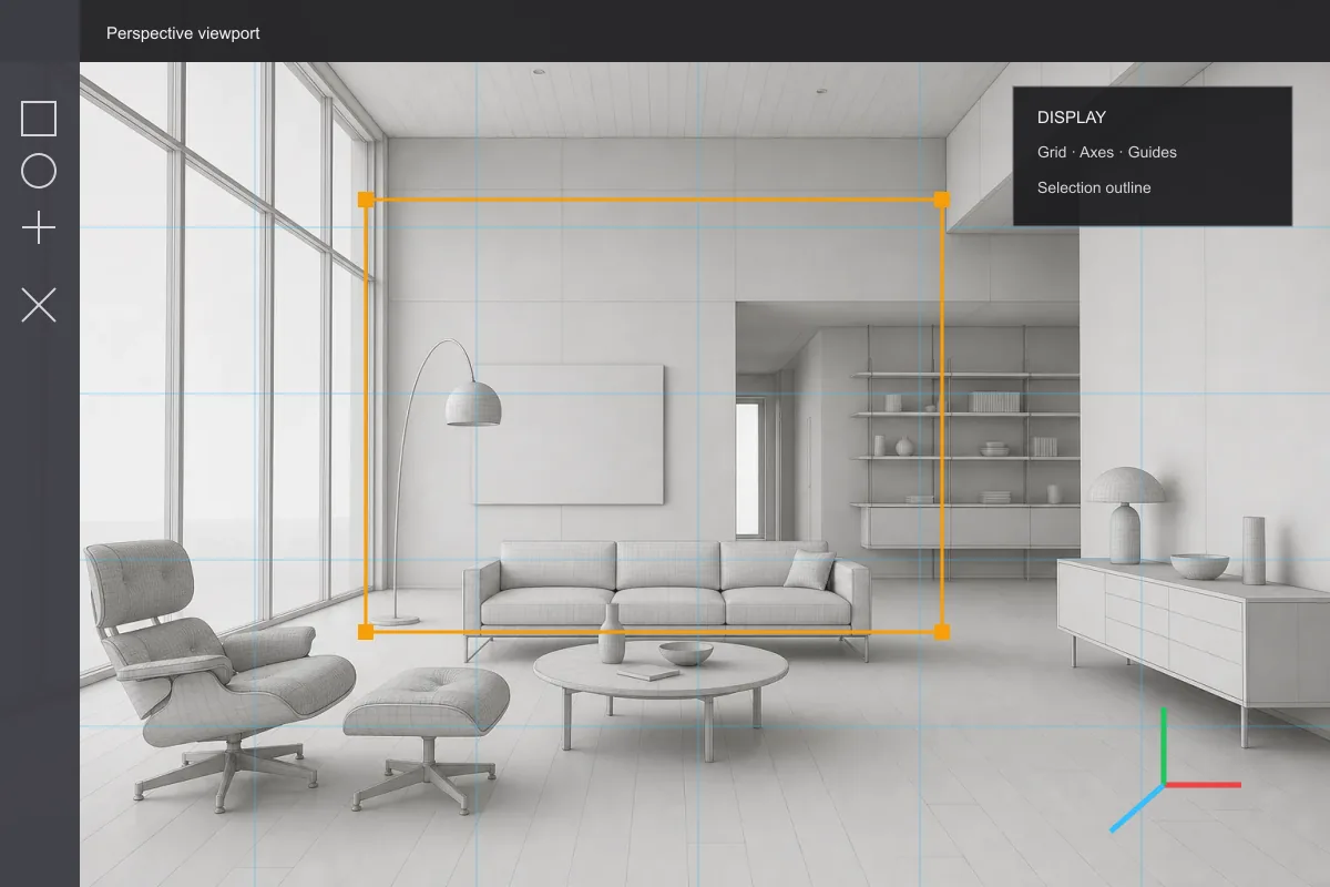The same 3D scene with simulated CAD toolbars, guides, axes, and a selection outline over it