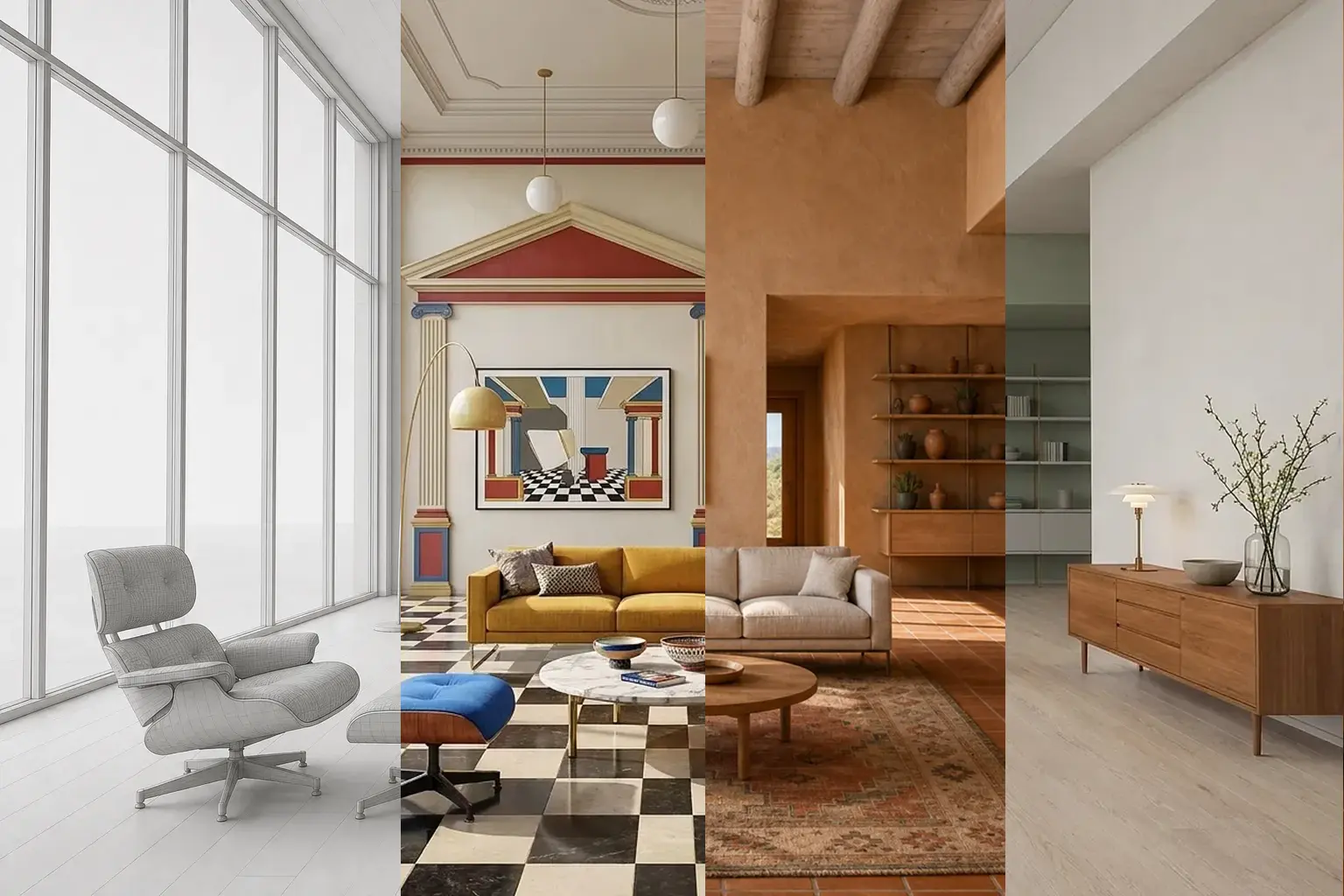 Four vertical interior render studies showing white modern, colorful classical, earth-toned, and minimalist Preset directions.