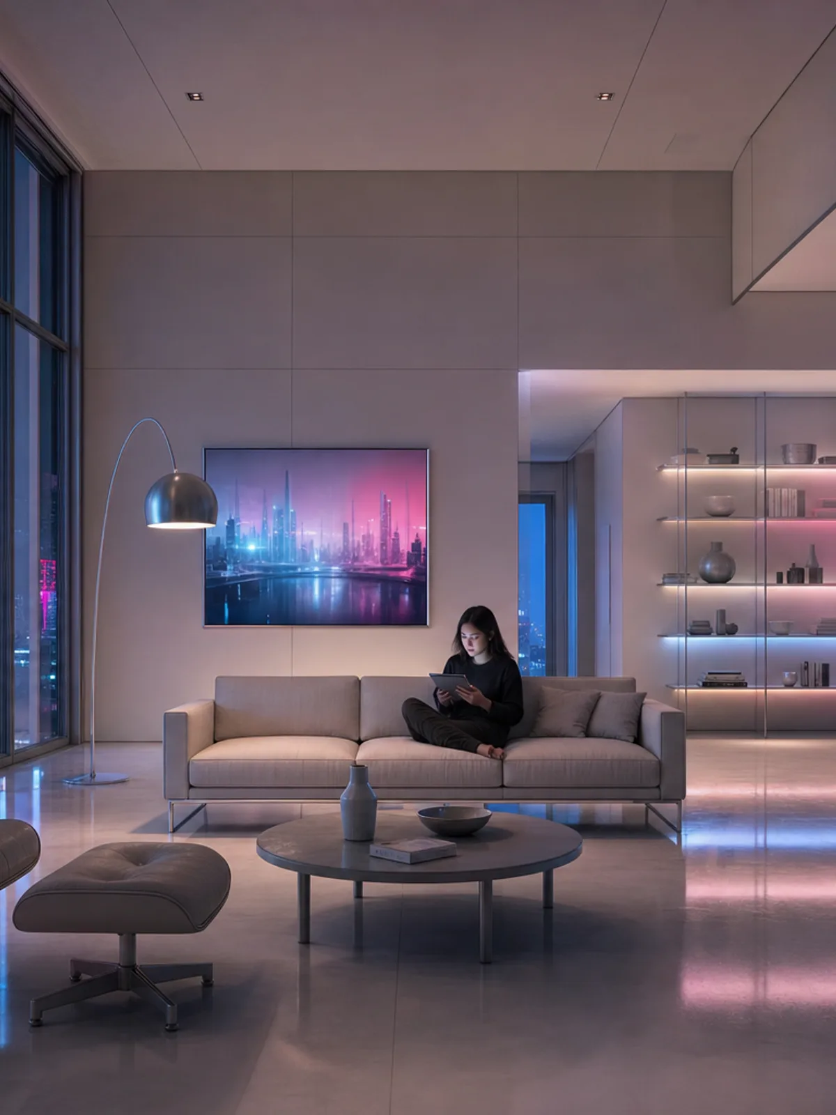 The sample scene rendered in the Cyber-Futurist style