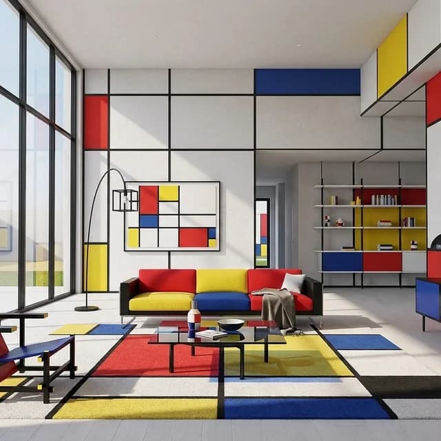 The sample scene rendered in the De Stijl style