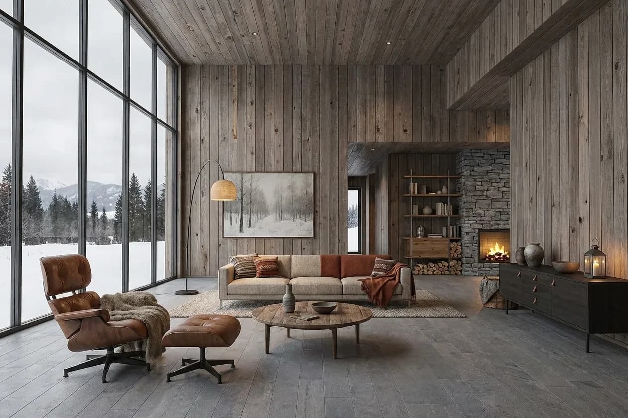 The sample scene rendered in the Alpine Chalet style