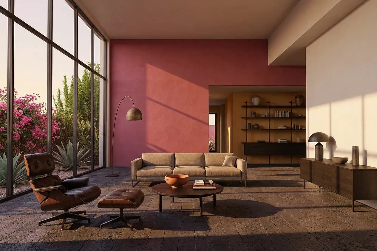 The same scene rendered in the Barragán Color Modernism style