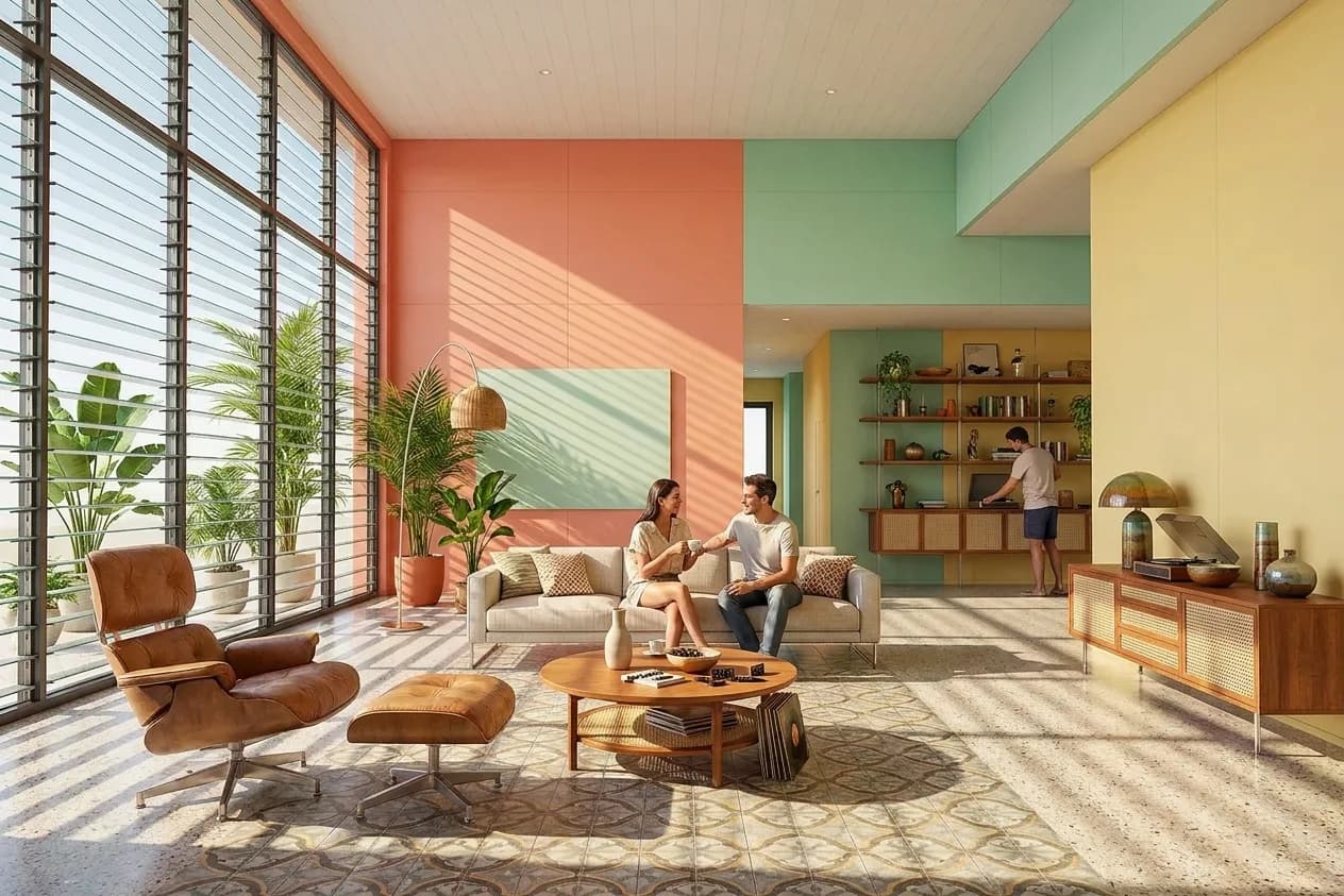 The sample scene rendered in the Cuban Tropical Modern style