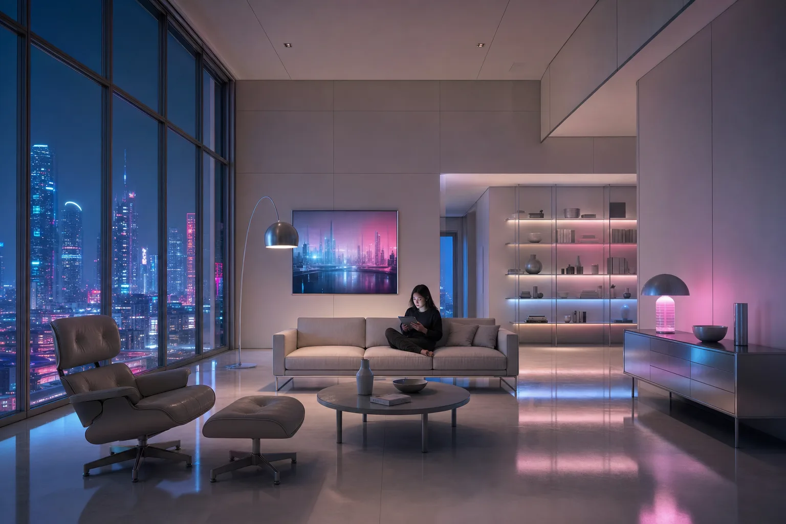 The sample scene rendered in the Cyber-Futurist style