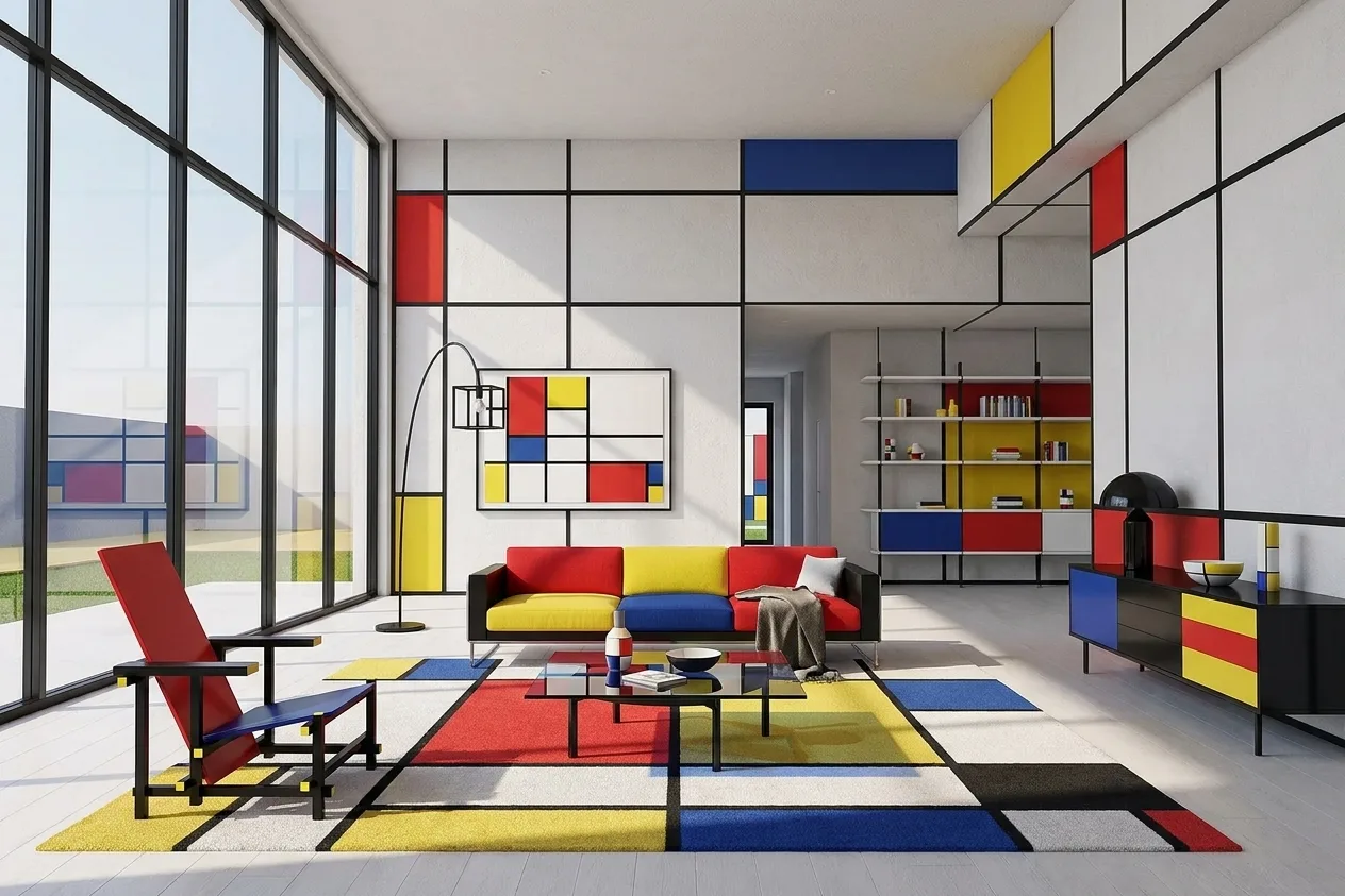 The sample scene rendered in the De Stijl style