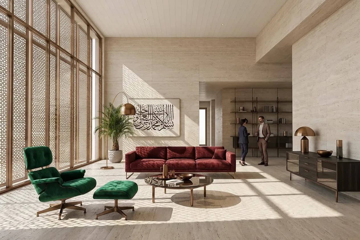 The sample scene rendered in the Gulf Modernism style