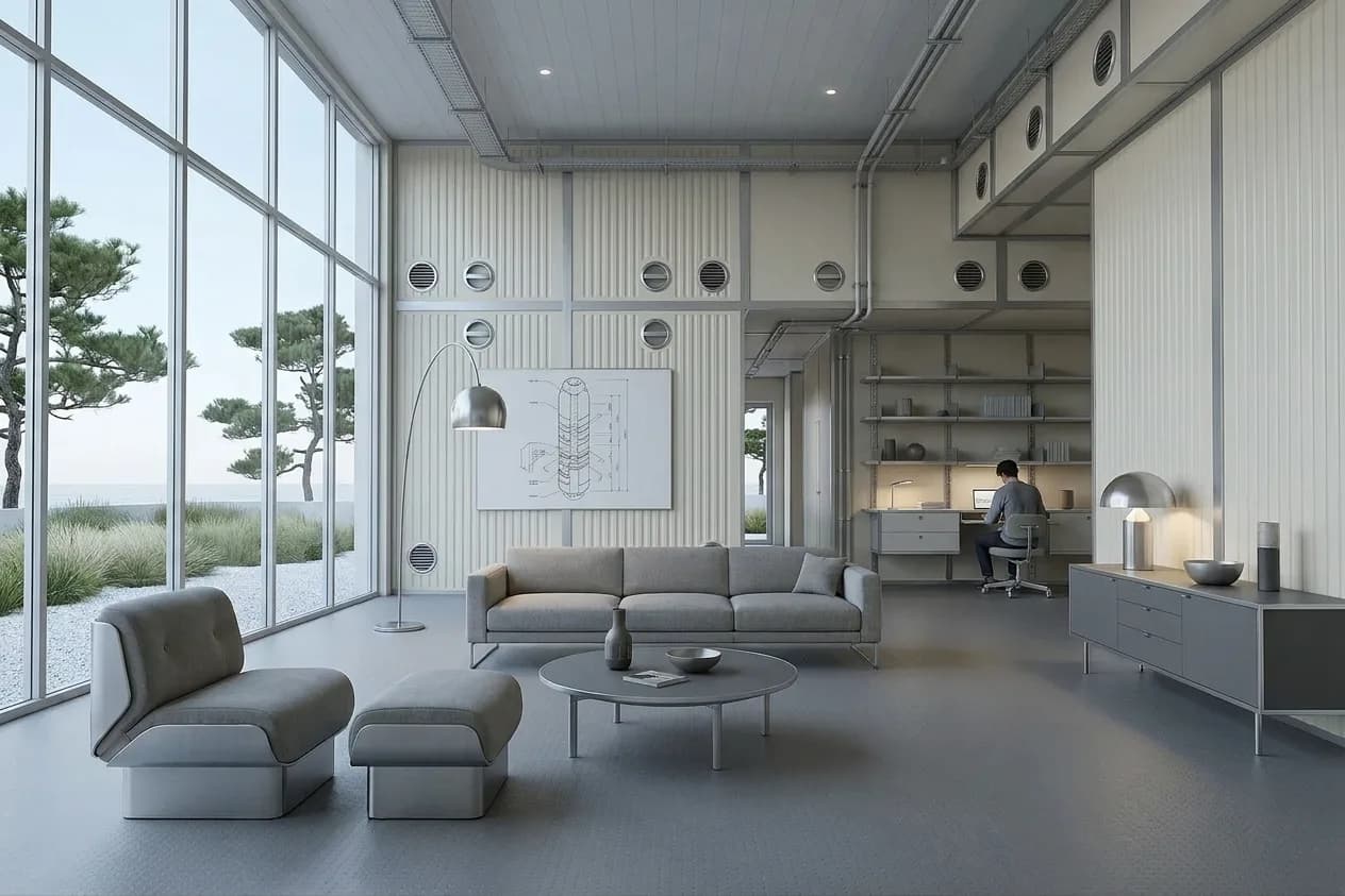 The sample scene rendered in the Japanese Metabolism style