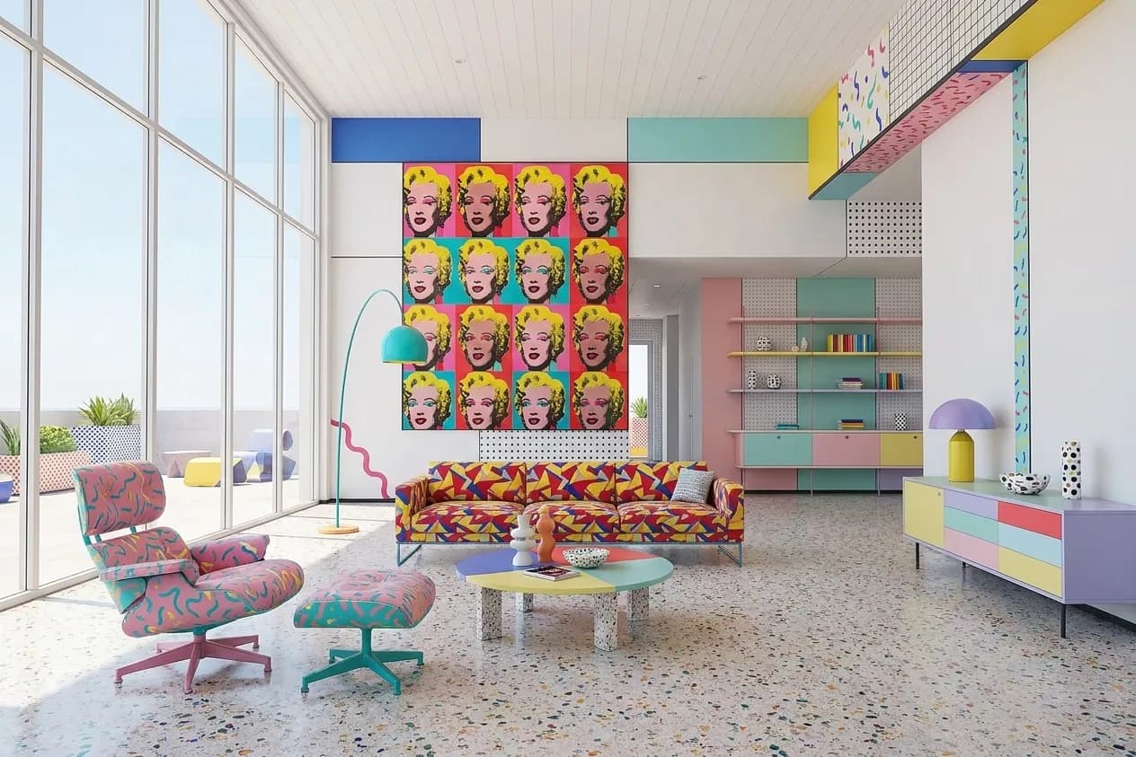 The same scene rendered in the Memphis Postmodern style
