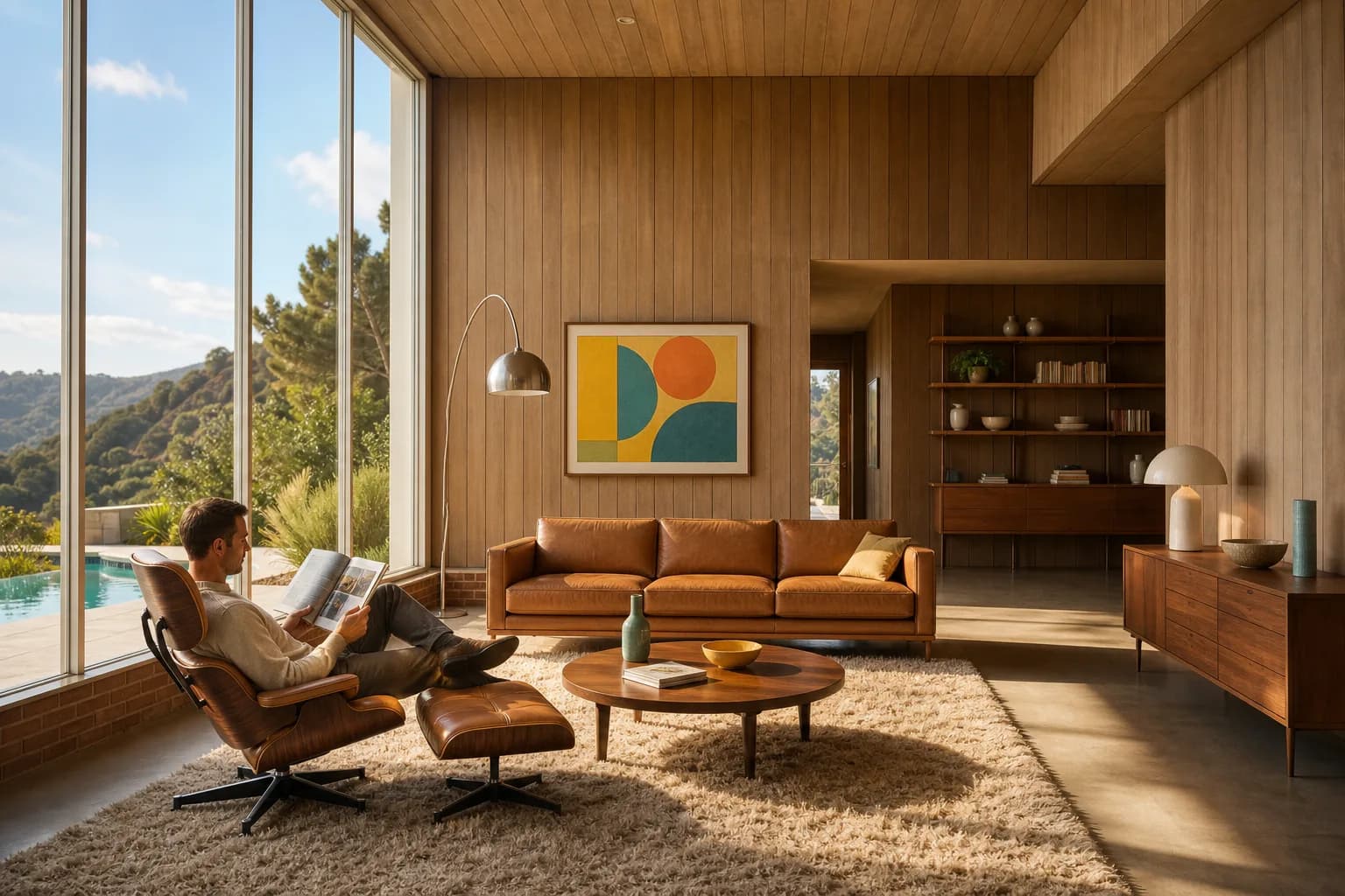 The sample scene rendered in the Mid-Century Modern style