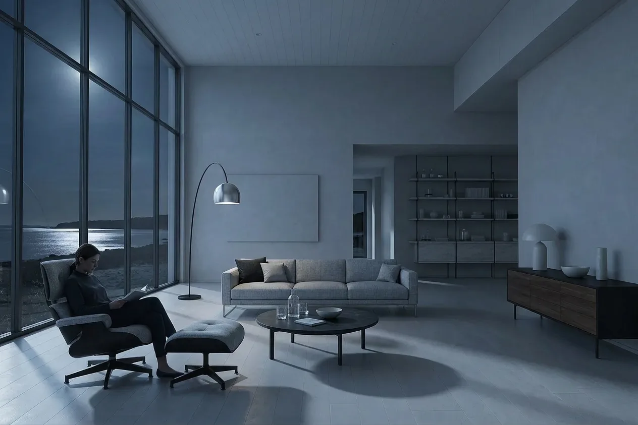 The sample scene rendered in the Moonlit Monochrome style