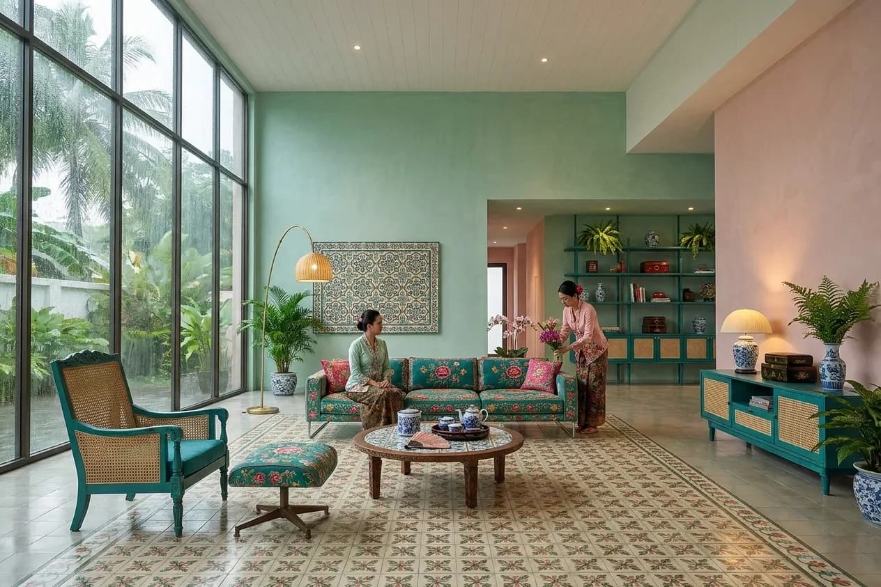 The sample scene rendered in the Peranakan Shophouse style