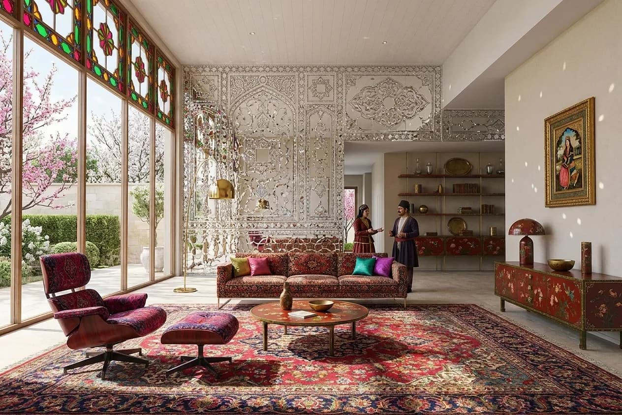 The sample scene rendered in the Persian Qajar style