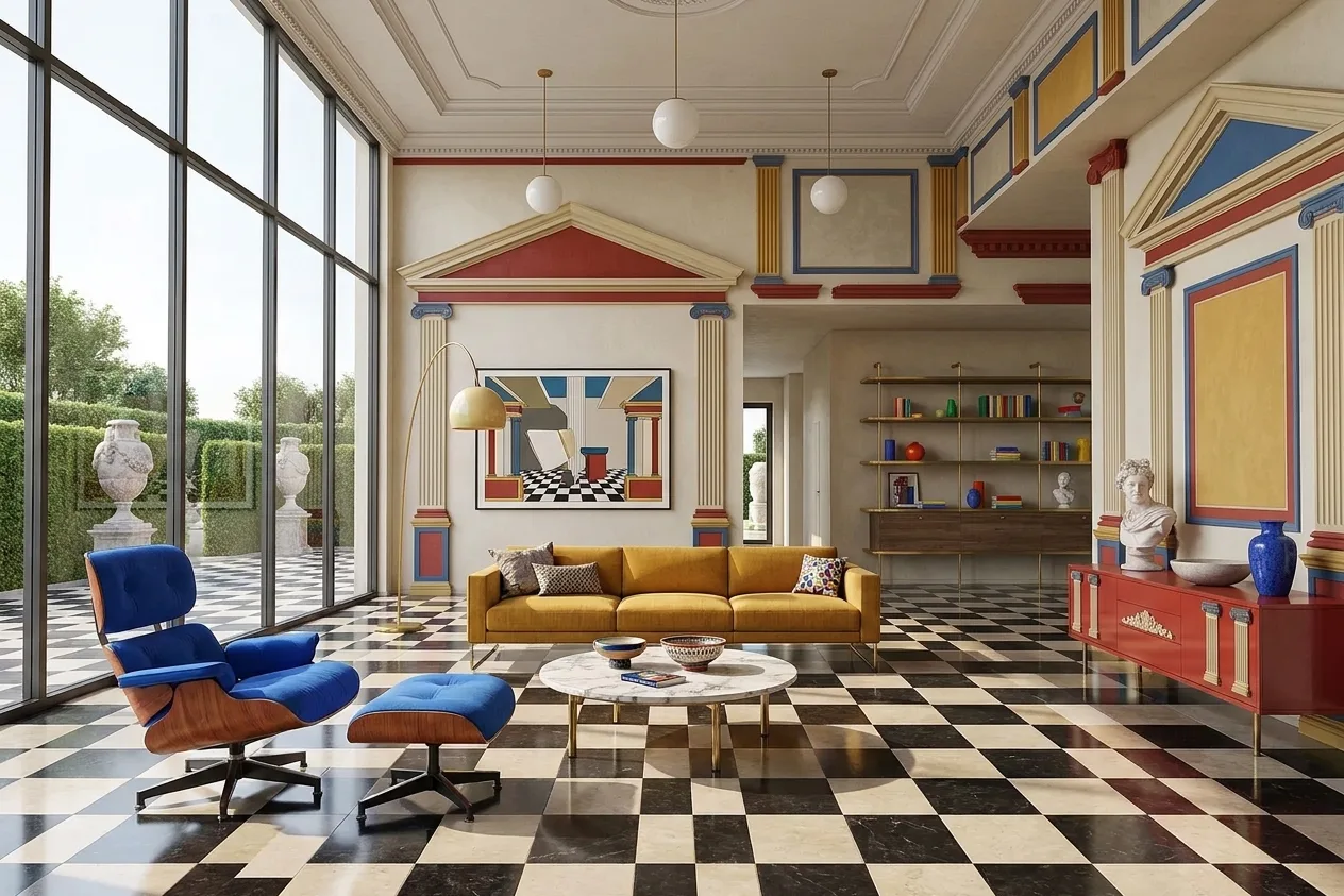 The sample scene rendered in the Postmodern Classicism style