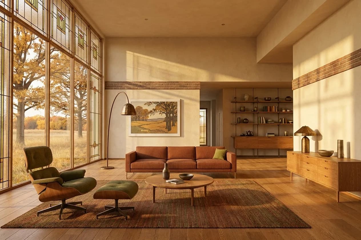 The sample scene rendered in the Prairie School style