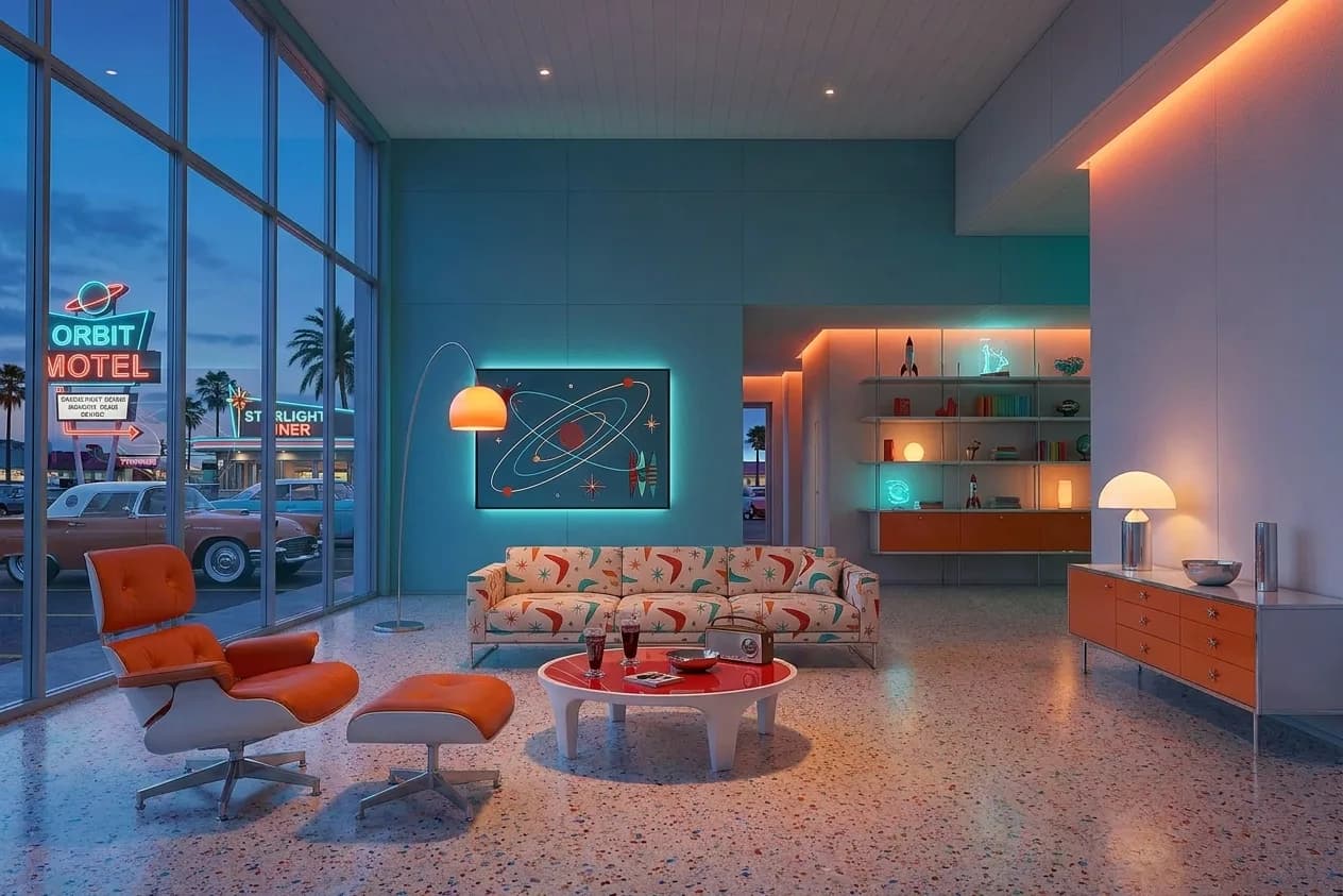 The sample scene rendered in the Space Age Googie style