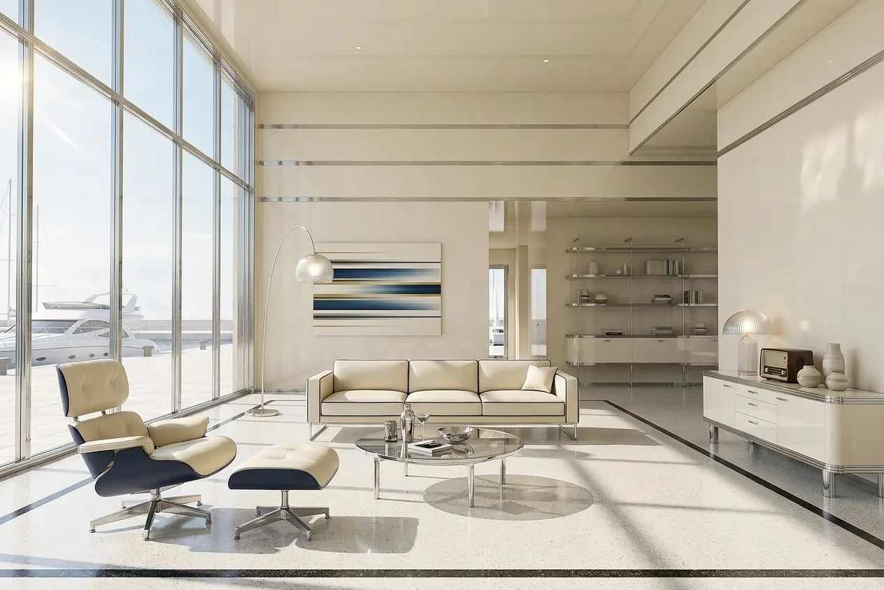 The same scene rendered in the Streamline Moderne style