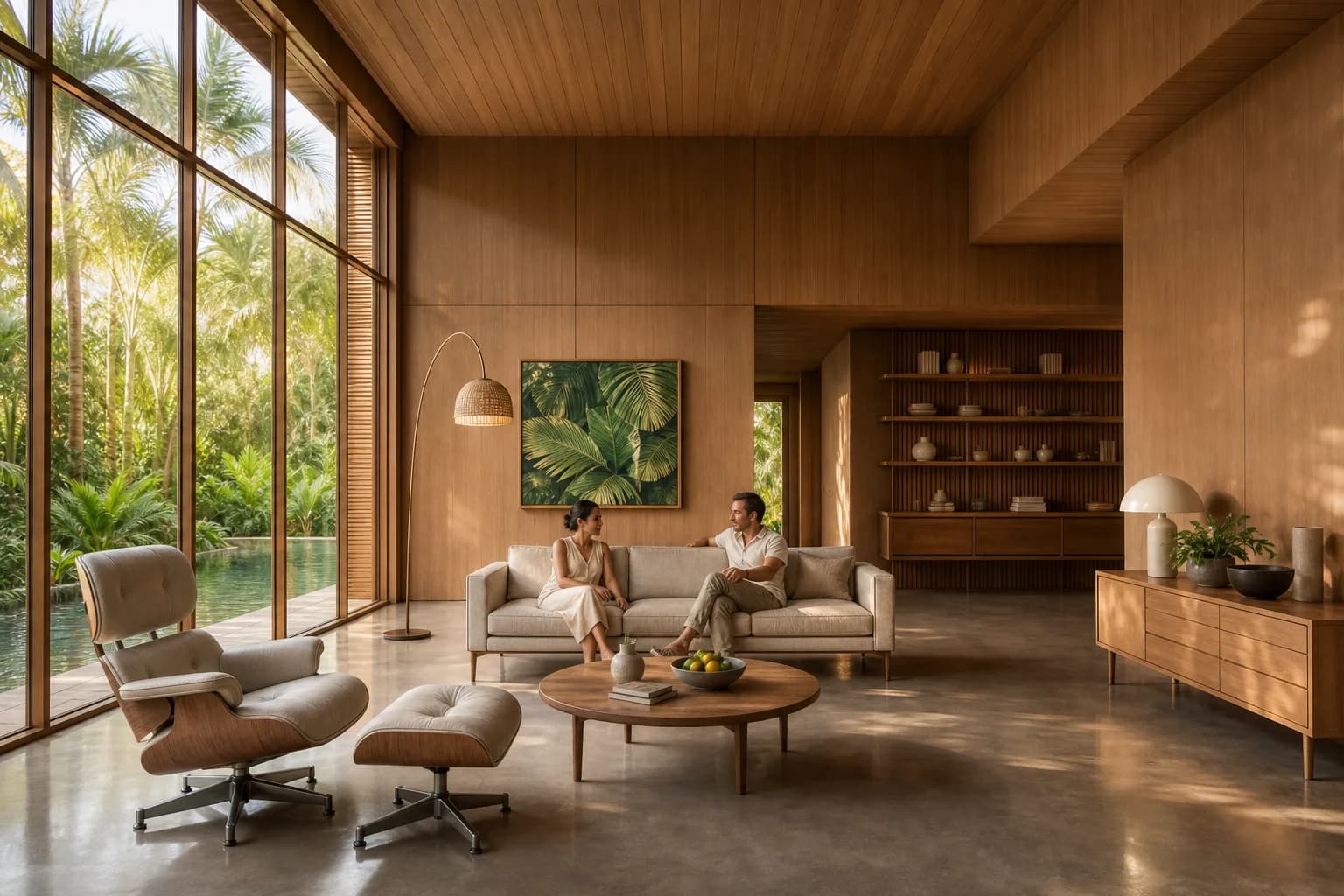 Clean Tropical Modern render with visible materials, planting, and warm interior light